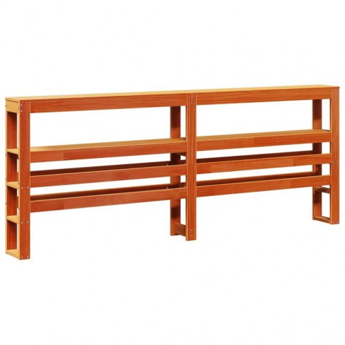 Sengeramme 200x200 cm med sengegavl og hylder - massivt fyrretræ, gyldenbrun