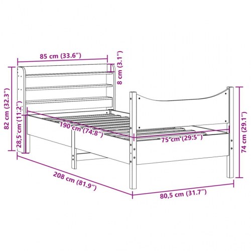Sengeramme med sengegavl 75×190 cm - massivt fyrretræ med hylder