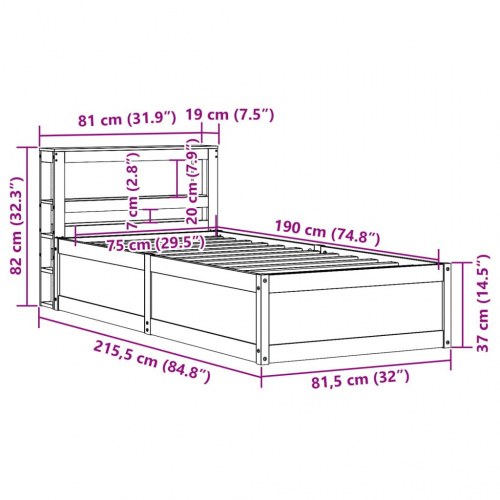 Sengeramme med sengegavl 75 x 190 cm i massivt fyrretræ - gyldenbrun