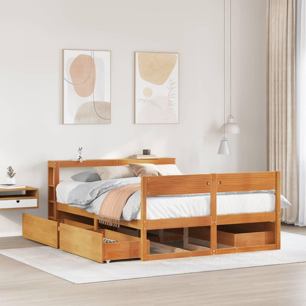 Sengeramme 150x200 cm i massivt fyrretræ - gyldenbrun med opbevaring og sengegavl