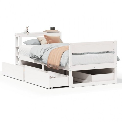 Sengeramme med opbevaring 75x190 cm - massivt fyrretræ, hvid
