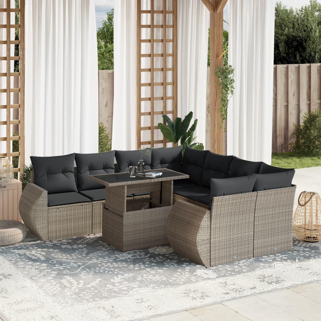 Sofasæt Til Haven 9 Dele Med Hynder Polyrattan Sort - Lysegrå / uden opbevaring