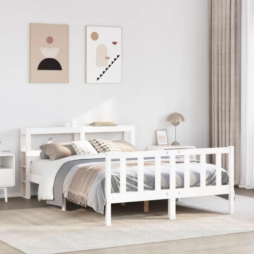 Sengeramme i massivt fyrretræ med hylder 150x200 cm - hvid