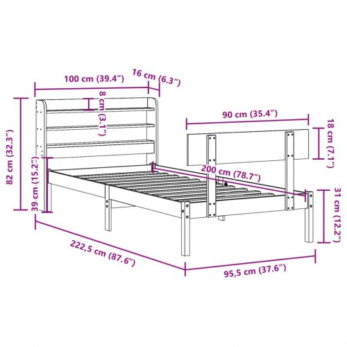 Sengeramme i massivt fyrretræ med hylder 90 x 200 cm - hvid