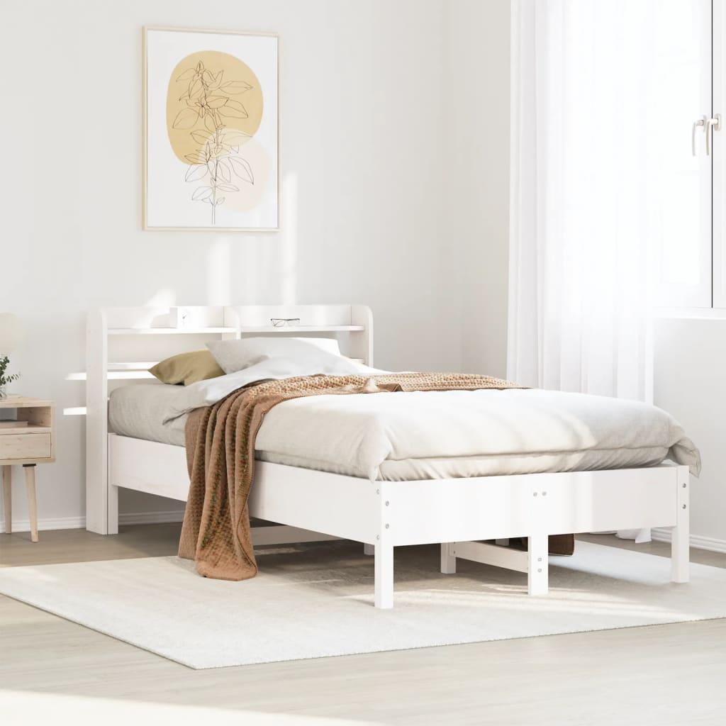 Sengeramme i massivt fyrretræ - 90x190 cm, hvid, med hovedgærde og hylder
