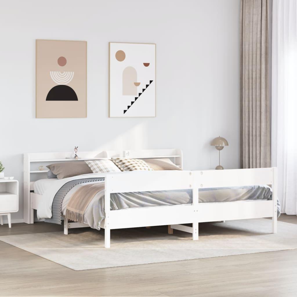 Sengeramme 180x200 cm i massivt fyrretræ - hvid med hovedgærde og hylder