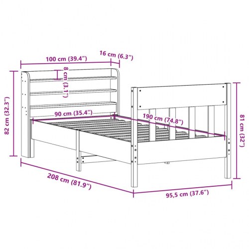 Sengeramme 90 x 190 cm med hovedgærde og hylder - massivt fyrretræ