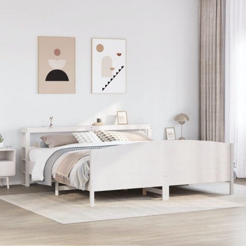 Sengeramme 200x200 cm i massivt fyrretræ - hvid, med sengegavl og hylder