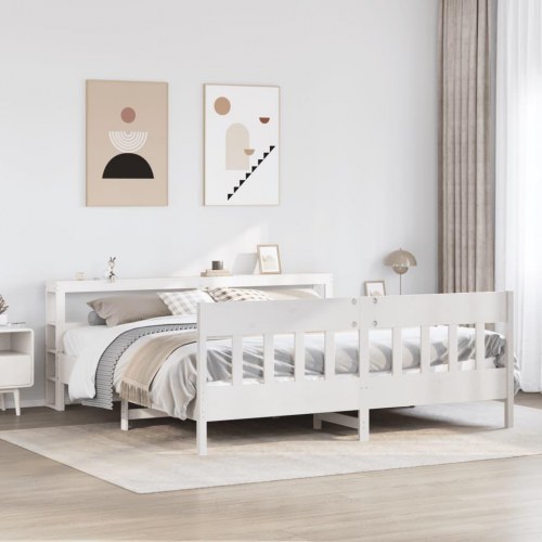 Sengeramme 180x200 cm i massivt fyrretræ - hvid med hylder