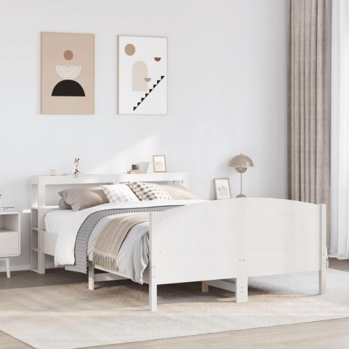 Sengeramme i massivt fyrretræ med hylder 150x200 cm - hvid