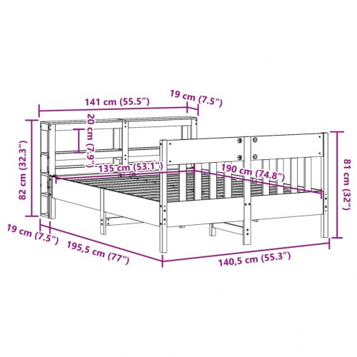 Sengeramme i massivt fyrretræ med hylder 135x190 cm - hvid