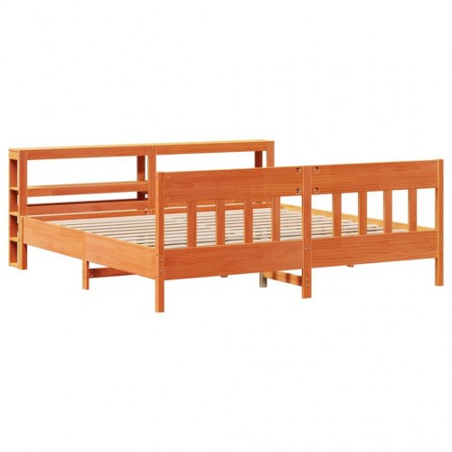 Sengeramme 200x200 cm i massivt fyrretræ - gyldenbrun med sengegavl og hylder