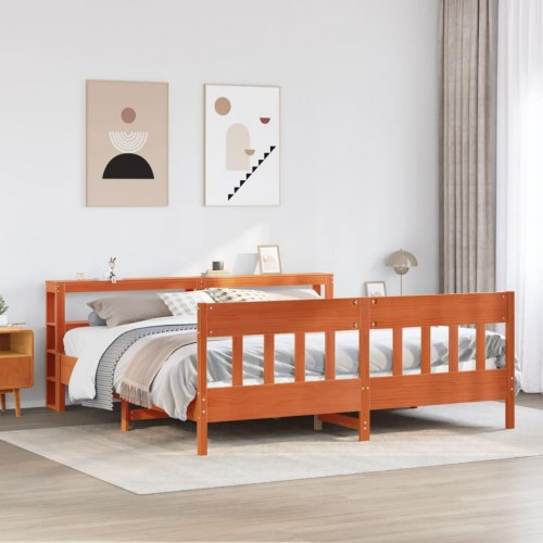 Sengeramme 200x200 cm i massivt fyrretræ - gyldenbrun med sengegavl og hylder