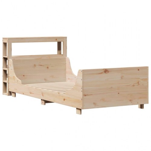 Sengeramme i massivt fyrretræ 75 x 190 cm med fritstående sengegavl og hylder