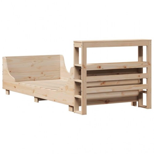 Sengeramme i massivt fyrretræ 75 x 190 cm med fritstående sengegavl og hylder