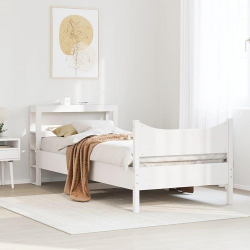 Sengeramme 90x200 cm med fritstående sengegavl og hylder - massivt fyrretræ, hvid