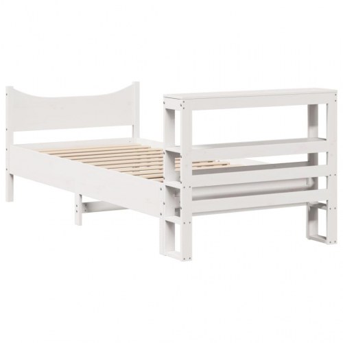 Sengeramme 90x200 cm med fritstående sengegavl og hylder - massivt fyrretræ, hvid