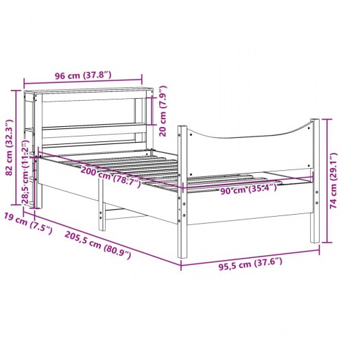 Sengeramme 90x200 cm med fritstående sengegavl og hylder - massivt fyrretræ, hvid