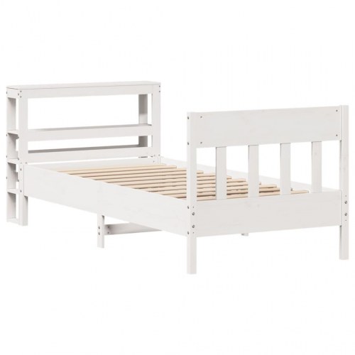 Sengeramme 75x190 cm i massivt fyrretræ - hvid med sengegavl og hylder