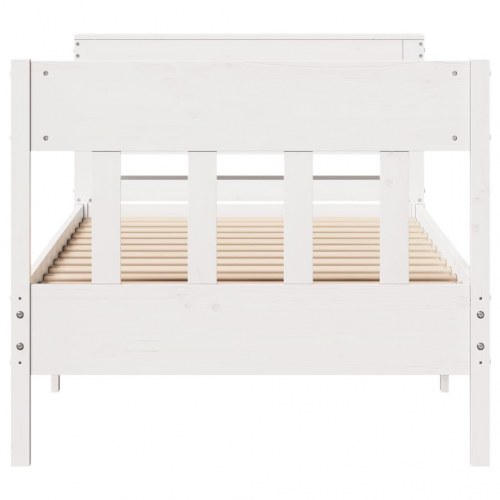 Sengeramme 75x190 cm i massivt fyrretræ - hvid med sengegavl og hylder