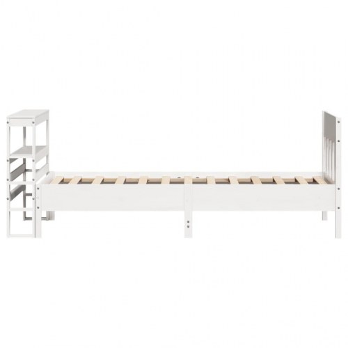 Sengeramme 75x190 cm i massivt fyrretræ - hvid med sengegavl og hylder