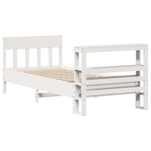 Sengeramme 75x190 cm i massivt fyrretræ - hvid med sengegavl og hylder