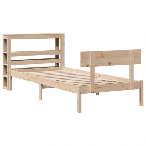 Sengeramme 90x200 cm i massivt fyrretræ med sengegavl og hylder