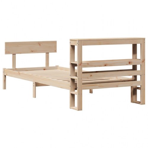 Sengeramme 90x200 cm i massivt fyrretræ med sengegavl og hylder