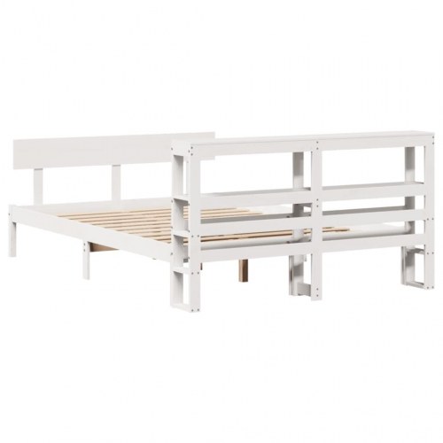 Sengeramme 120x190 cm i massivt fyrretræ - hvid, med hylder i gavlen