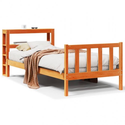 Sengeramme med sengegavl 100 x 200 cm massivt fyrretræ - gyldenbrun