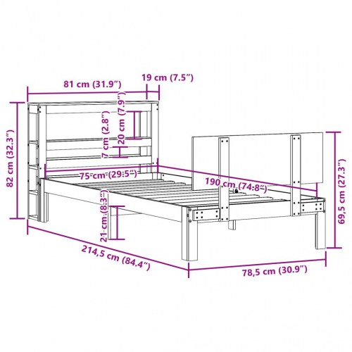 Sengeramme med sengegavl 75x190 cm i massivt fyrretræ