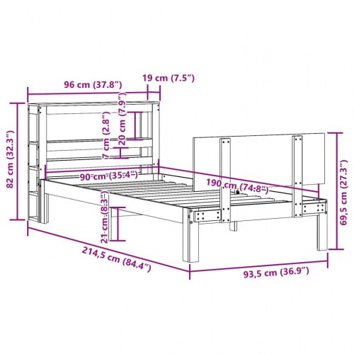 Sengeramme med sengegavl og hylder 90x190 cm i massivt fyrretræ