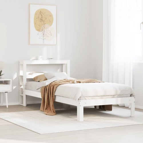 Sengeramme med sengegavl og hylder 75x190 cm massivt fyrretræ - hvid