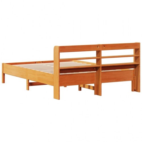 Sengeramme 140x190 cm i massivt fyrretræ - gyldenbrun med hovedgærde og hylder