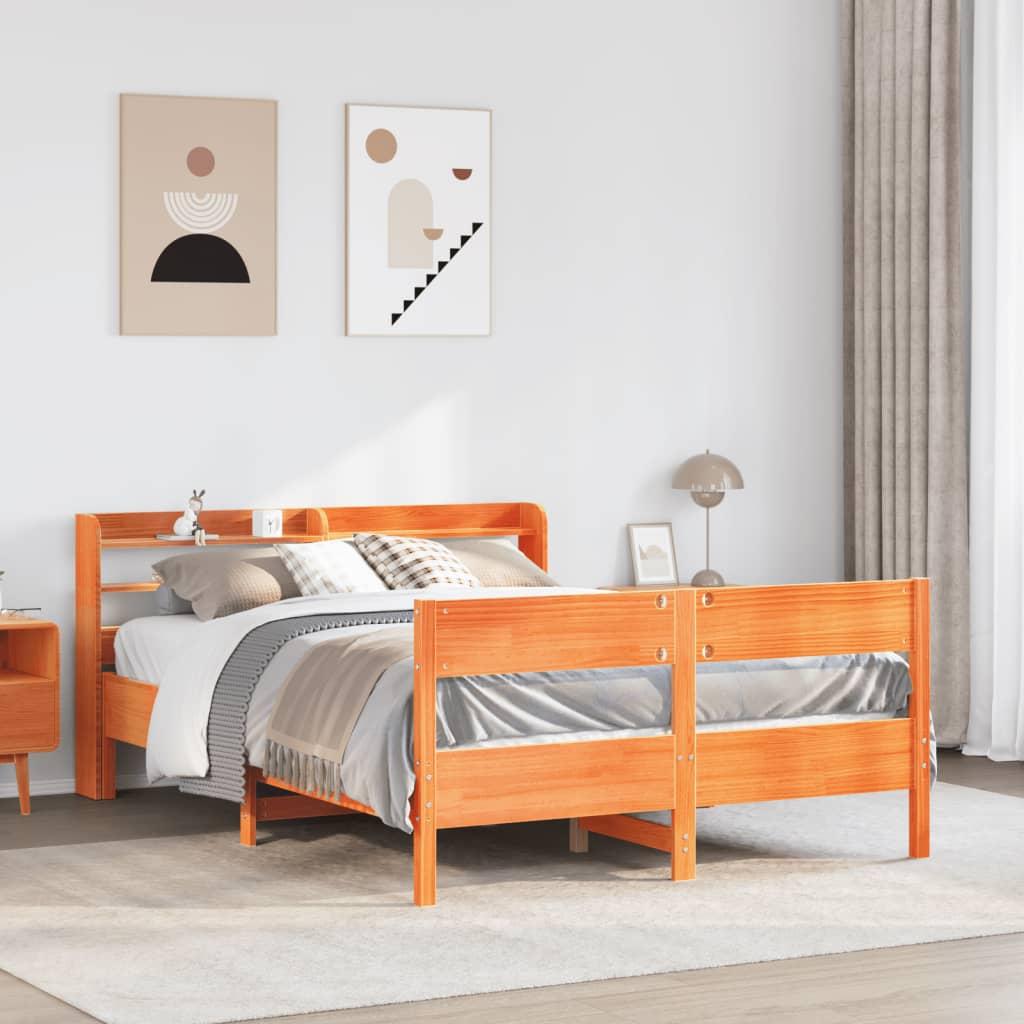 Sengeramme 160x200 cm i massivt fyrretræ - gyldenbrun med hovedgærde og hylder