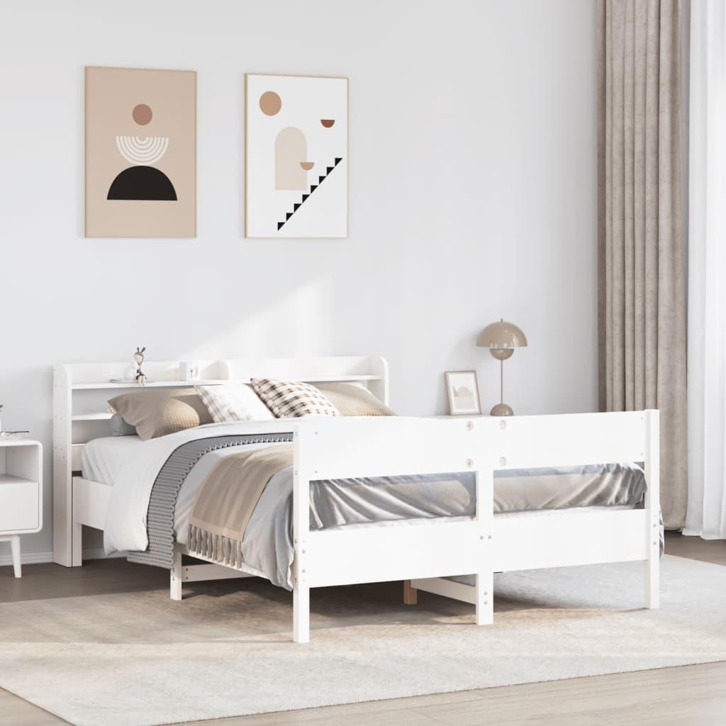 Sengeramme 140x200 cm i massivt fyrretræ - hvid med hovedgærde og hylder