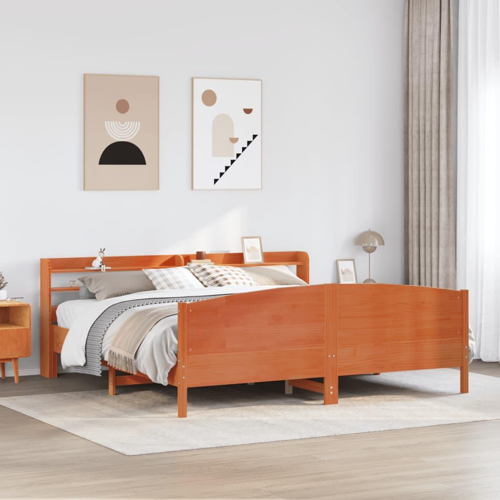 Sengeramme 200x200 cm i massivt fyrretræ - gyldenbrun med hovedgærde og hylder