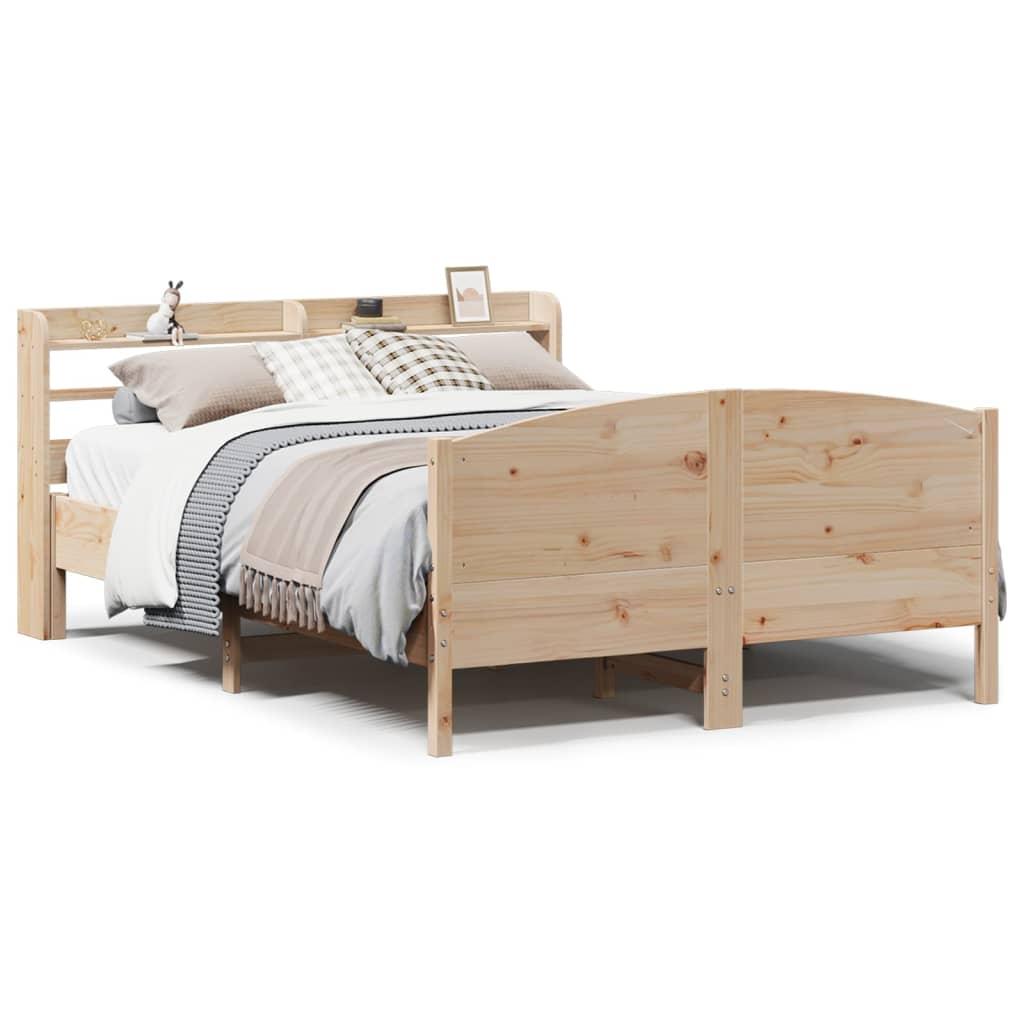 Sengeramme 135x190 cm i massivt fyrretræ - hvid, med hovedgærde og hylder