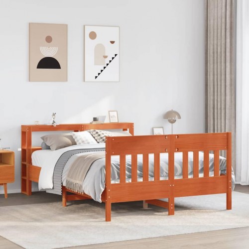 Sengeramme 140 x 190 cm i massivt fyrretræ - gyldenbrun med sengegavl og hylder