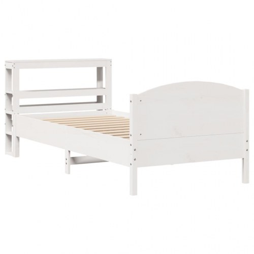 Sengeramme 75x190 cm i massivt fyrretræ - hvid med sengegavl og hylder