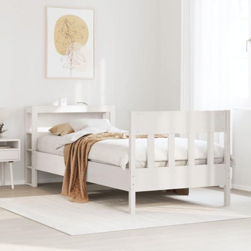 Sengeramme 90x190 cm i massivt fyrretræ - hvid med hylder