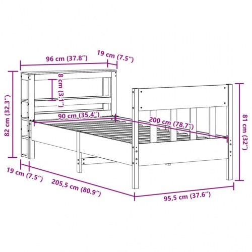 Sengeramme 90x200 cm i massivt fyrretræ med hylder