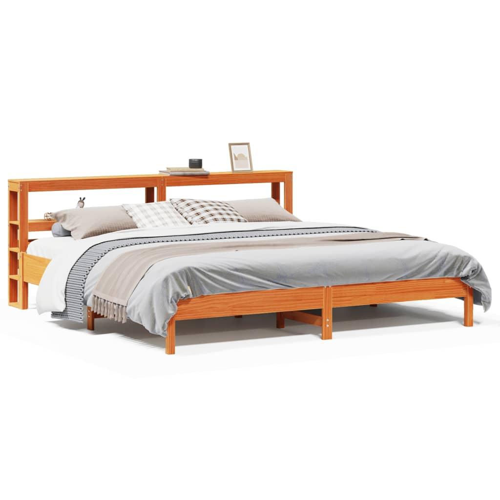 Sengeramme i massivt fyrretræ 180×200 cm - gyldenbrun med hovedgærde og hylder