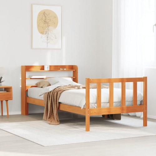 Sengeramme med sengegavl 100x200 cm i massivt fyrretræ - gyldenbrun
