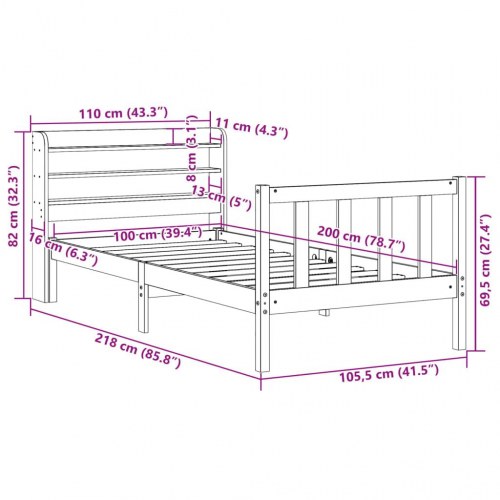 Sengeramme med sengegavl 100x200 cm i massivt fyrretræ - gyldenbrun