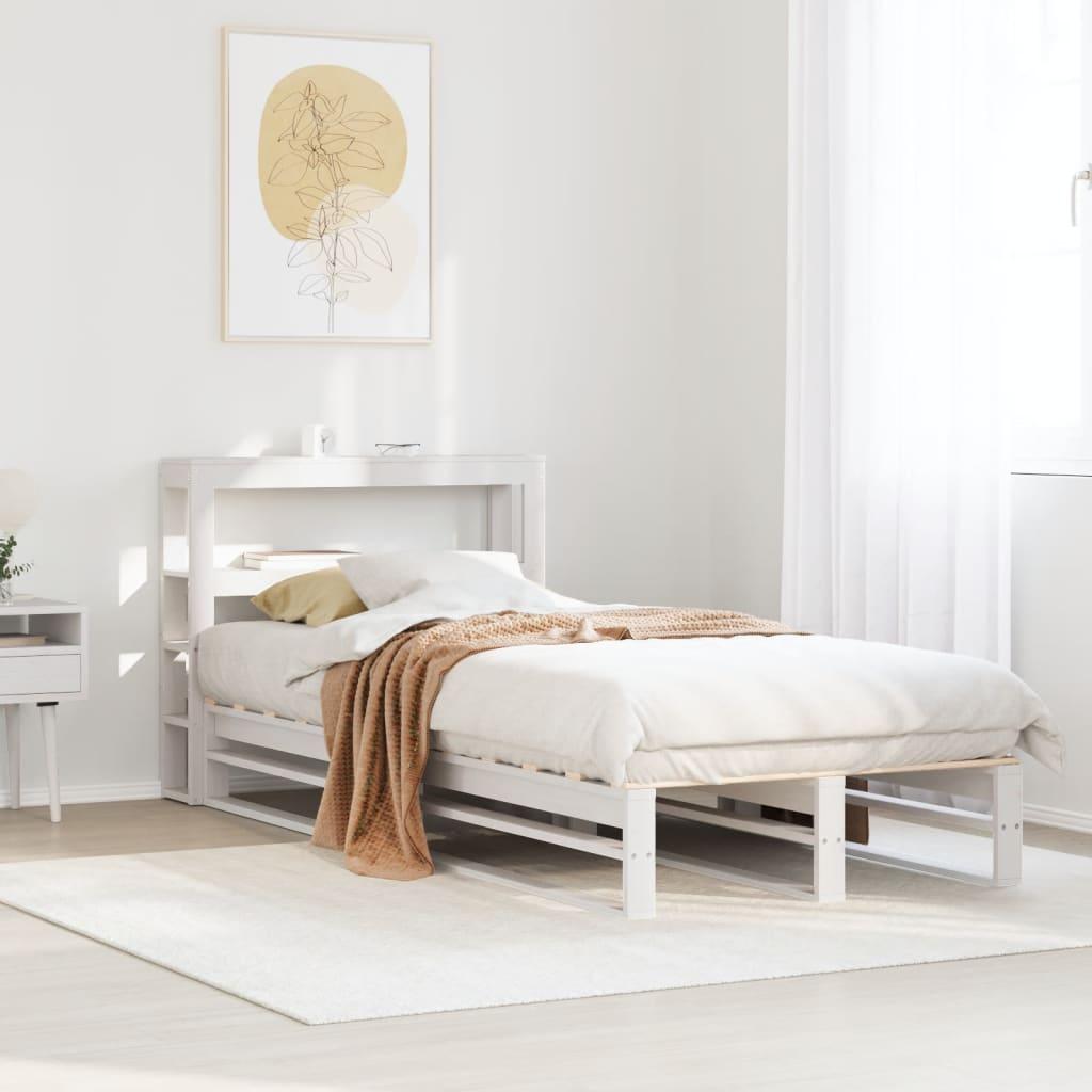Sengeramme 90x190 cm i massivt fyrretræ - hvid med hylder