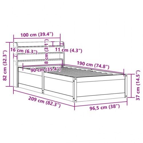 Sengeramme med sengegærde 90 x 190 cm i massivt fyrretræ