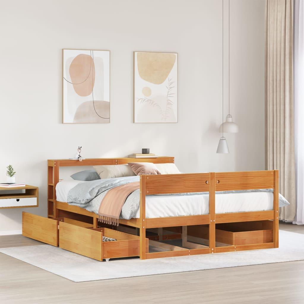 Sengeramme 140x190 cm i massivt fyrretræ - gyldenbrun med skuffer og sengegavl