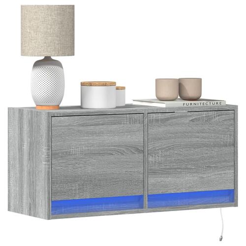 Væghængt tv-bord med LED-lys 80x31x35 cm grå sonoma-eg