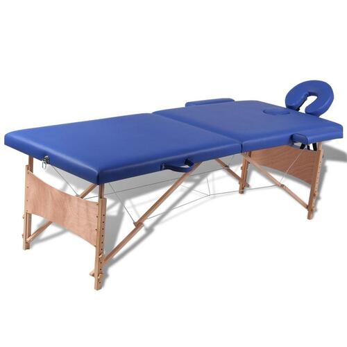 Sammenfoldeligt massagebord med træstel 2 zoner blå